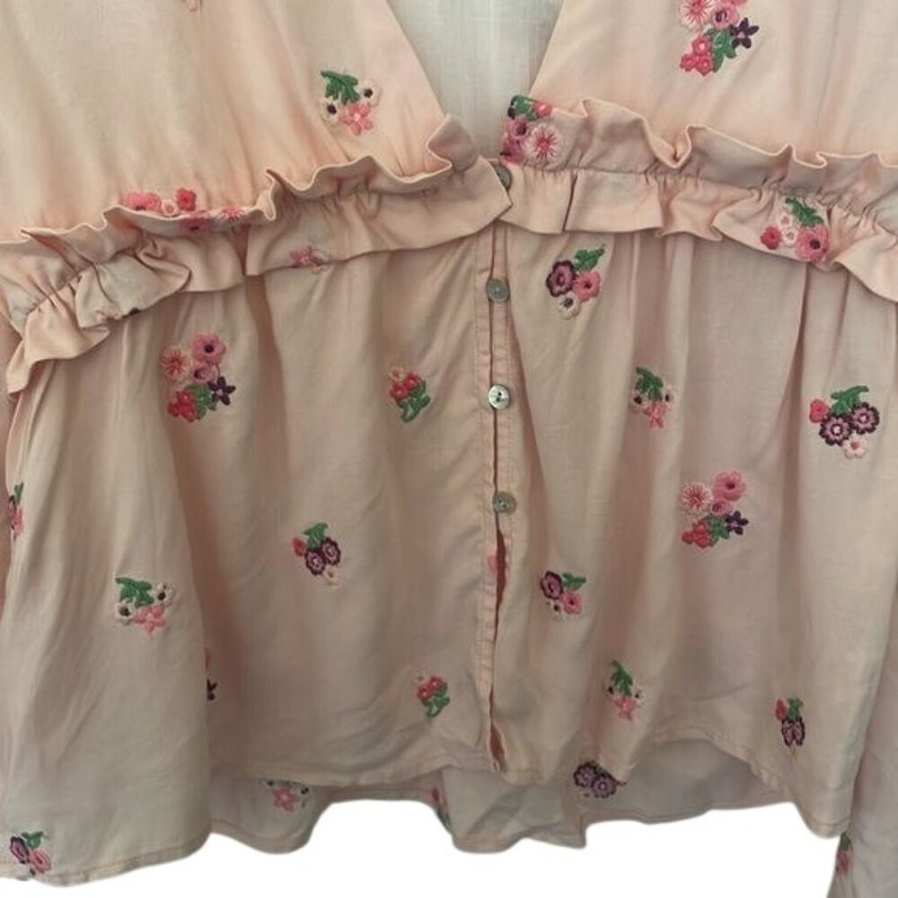 Tularosa | Floral Embroidered Plunging V Neck Button Down Bell Sleeve Top Small - Picture 5 of 9